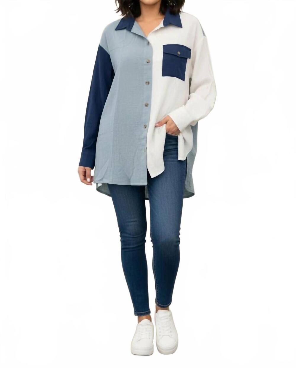 NEW SHE + SKY women's long sleeve gauze color block shirt top - plus in slate